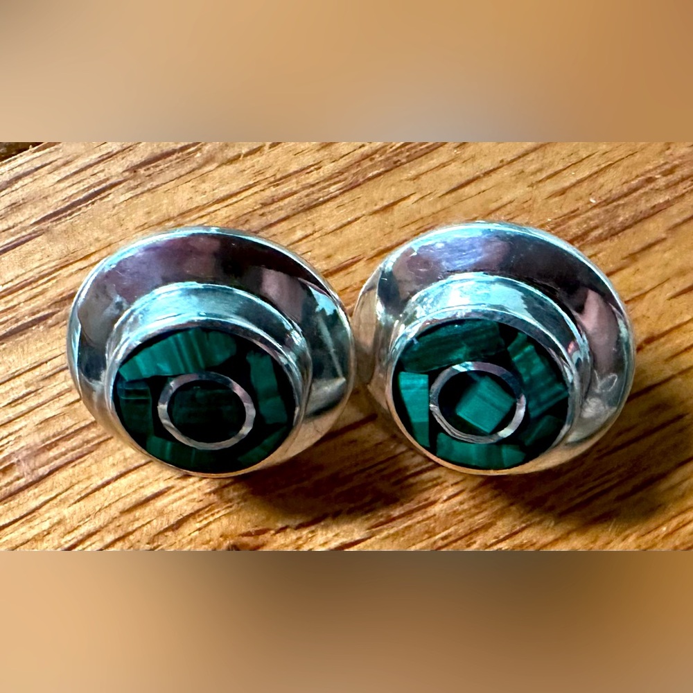 Vintage 925 Mexico Sterling Silver Malachite Black Onyx Inlay Earrings